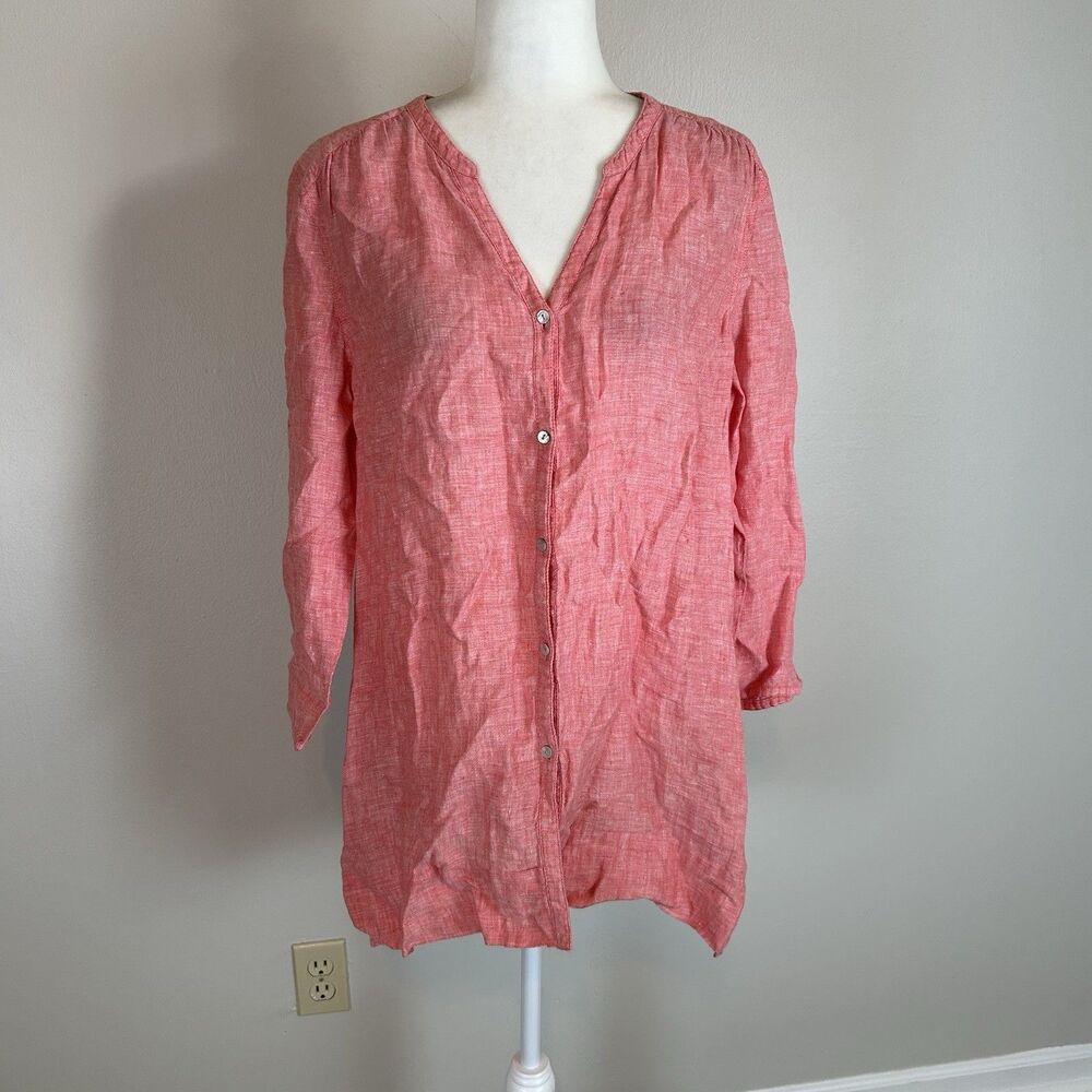 Sigrid Olsen Linen Shirt Red Tunic Long Sleeve Beach Lagenlook Coastal Preppy